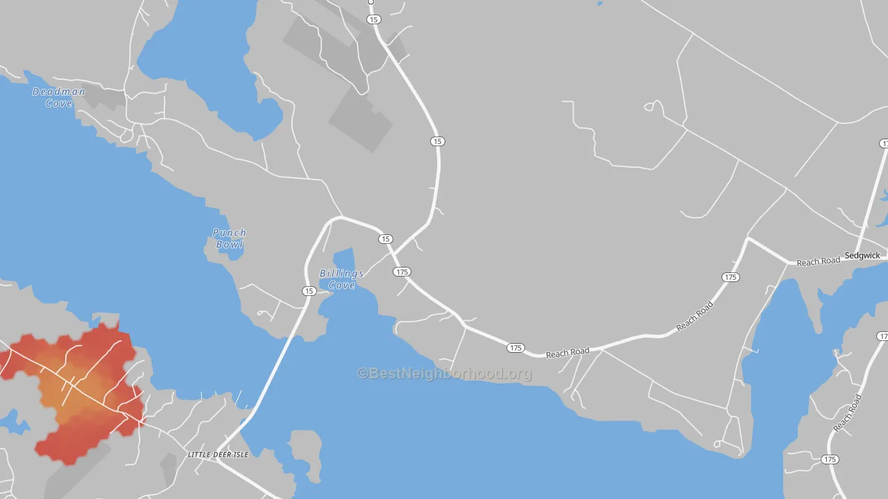 Walk Grade map of 04673, ME, walkable areas in green and car-dependent areas in red