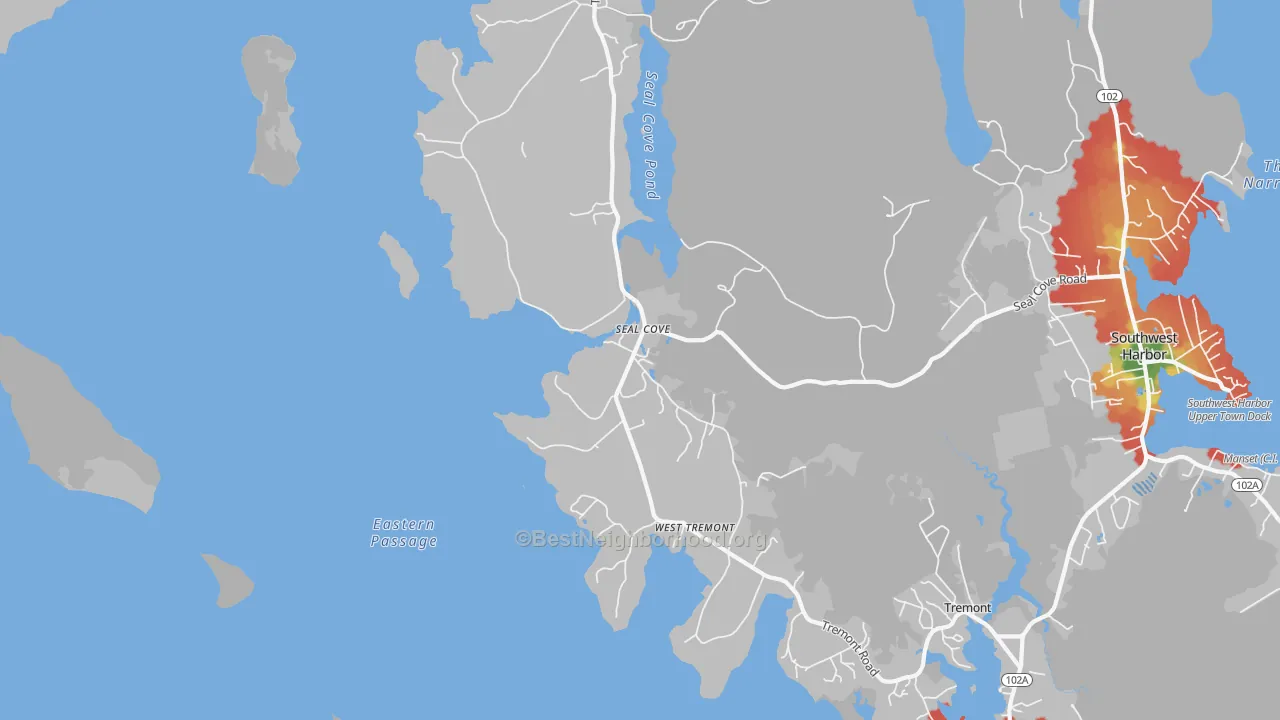 Walk Grade map of 04674, ME, walkable areas in green and car-dependent areas in red