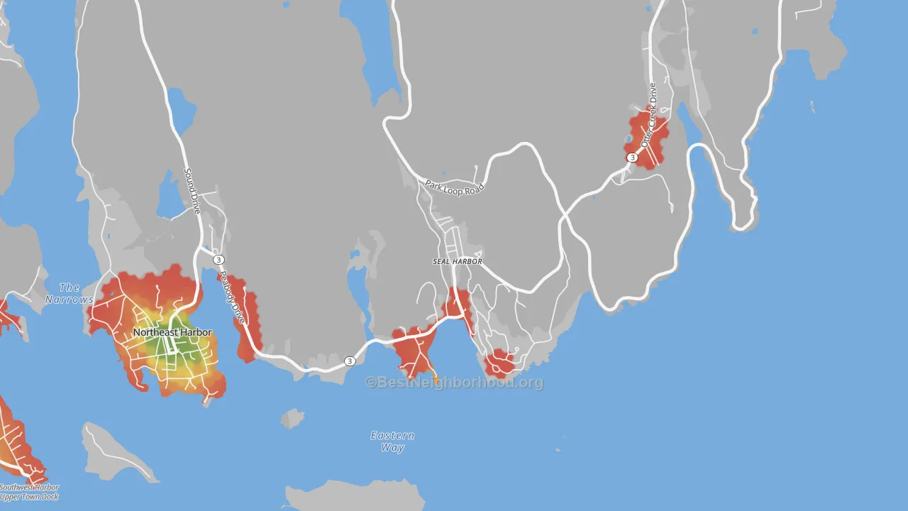 Walk Grade map of 04675, ME, walkable areas in green and car-dependent areas in red