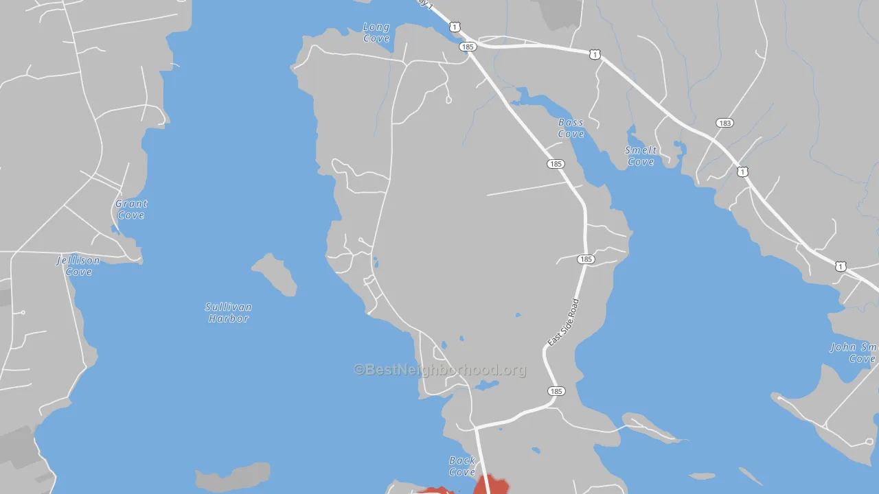 Walk Grade map of 04677, ME, walkable areas in green and car-dependent areas in red