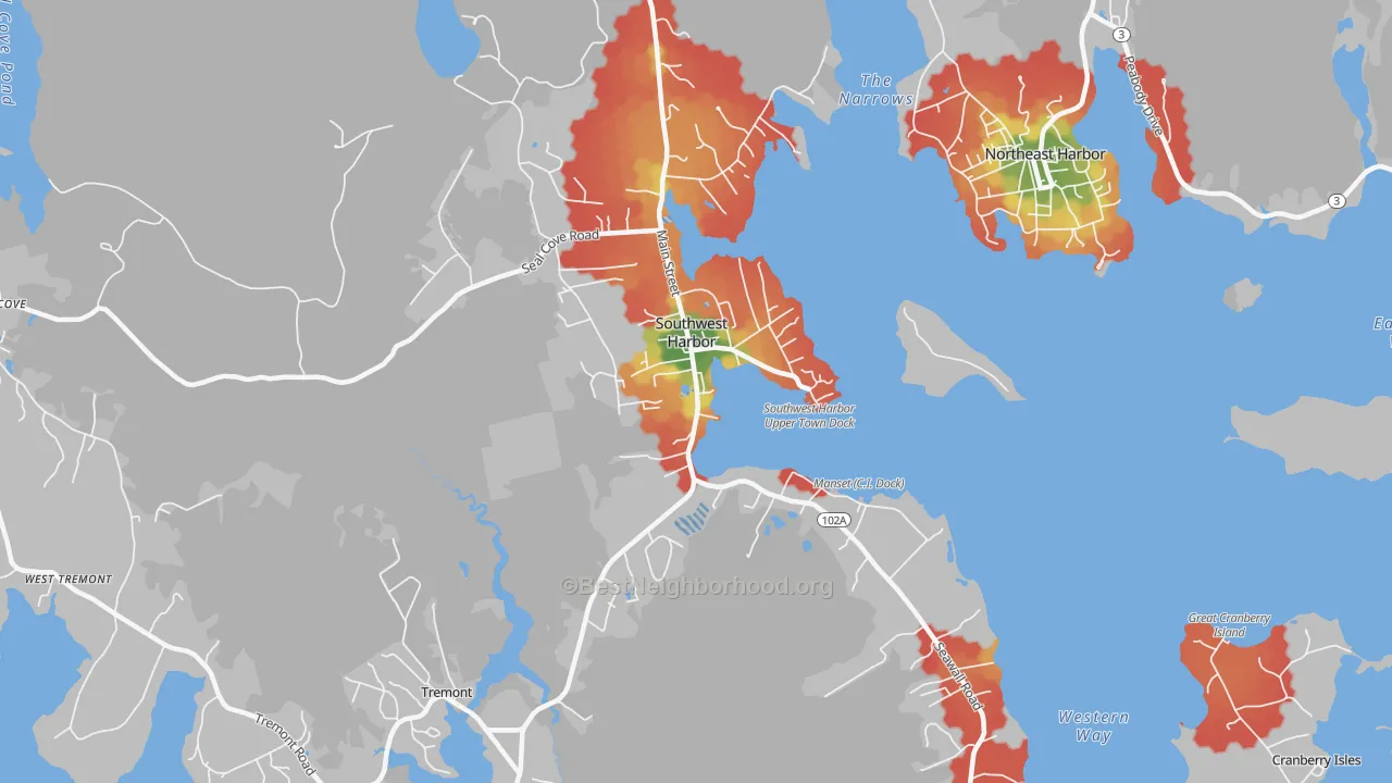 Walk Grade map of 04679, ME, walkable areas in green and car-dependent areas in red