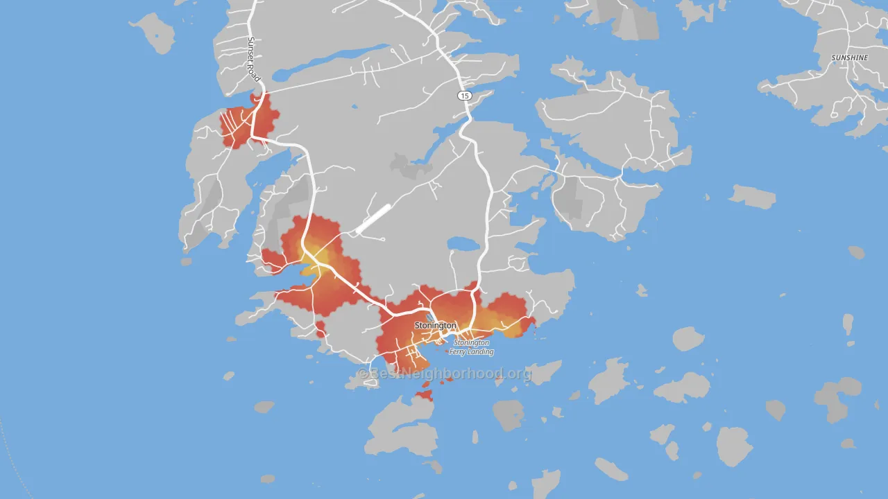 Walk Grade map of 04681, ME, walkable areas in green and car-dependent areas in red