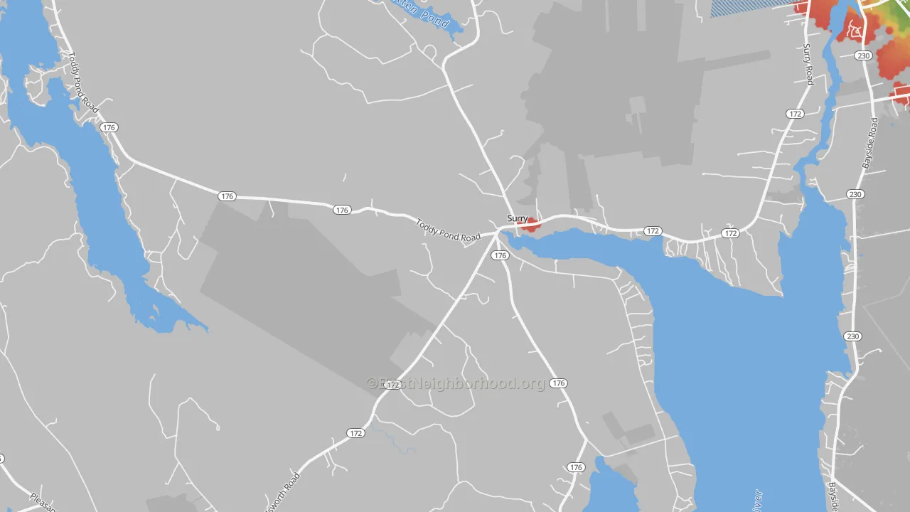 Walk Grade map of 04684, ME, walkable areas in green and car-dependent areas in red