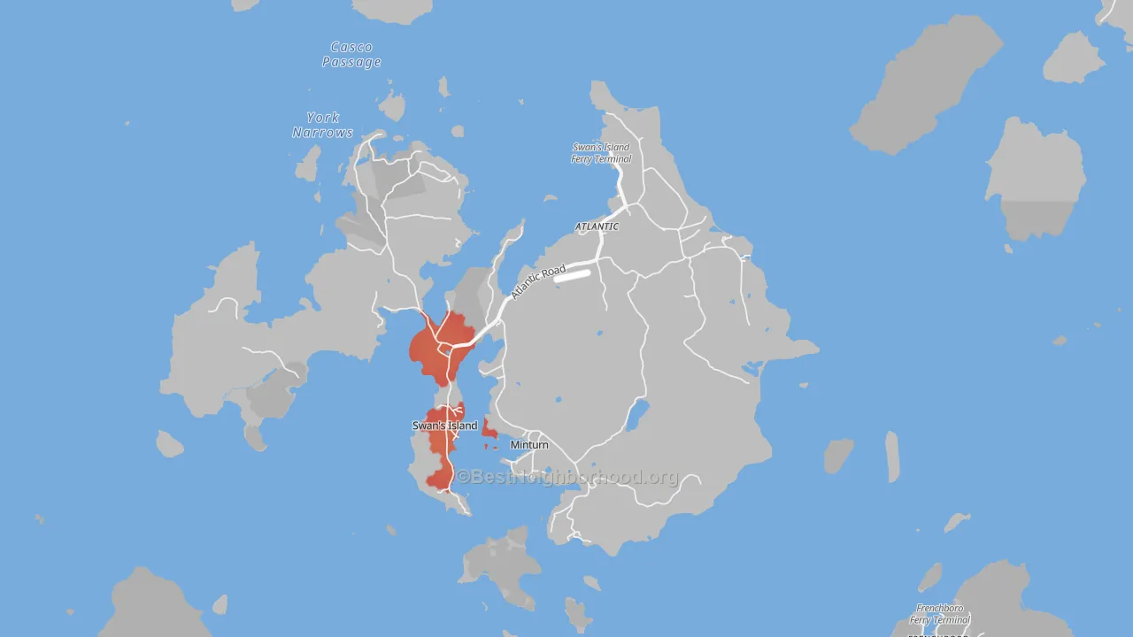 Walk Grade map of 04685, ME, walkable areas in green and car-dependent areas in red