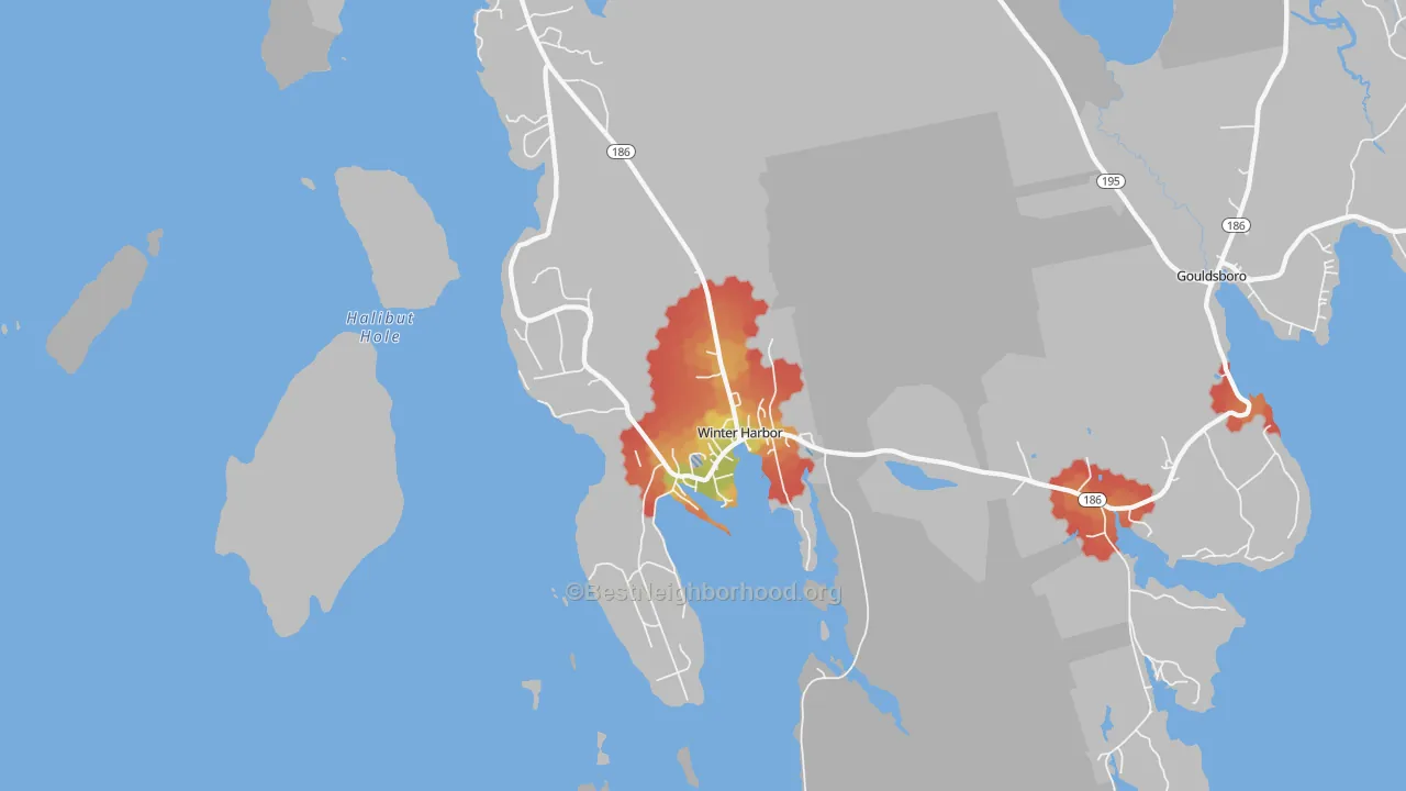 Walk Grade map of 04693, ME, walkable areas in green and car-dependent areas in red