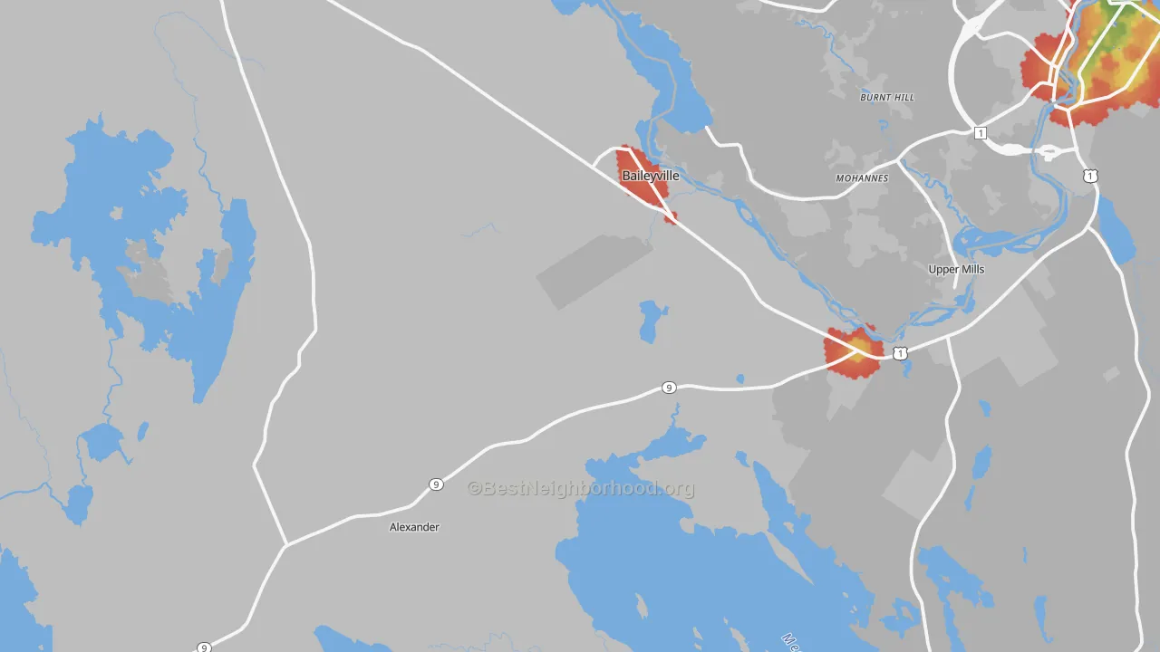 Walk Grade map of 04694, ME, walkable areas in green and car-dependent areas in red