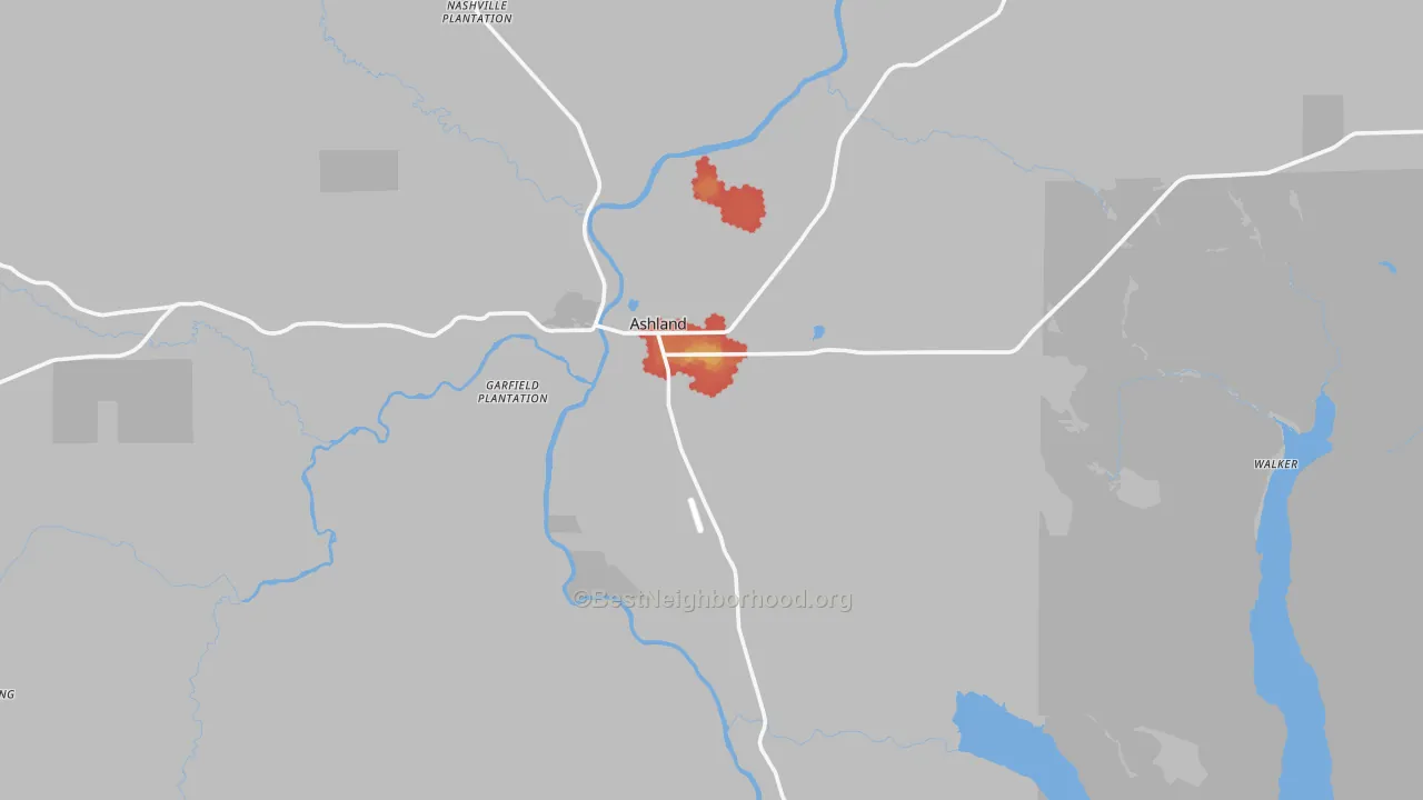 Walk Grade map of 04732, ME, walkable areas in green and car-dependent areas in red