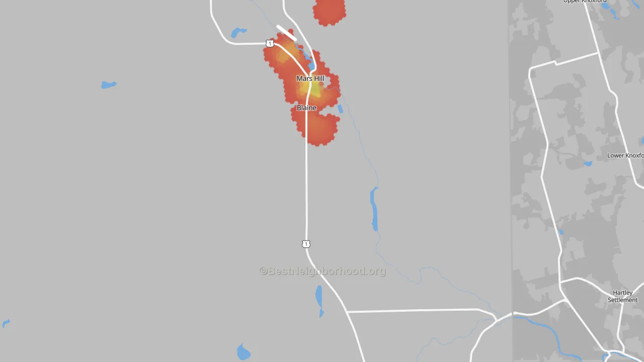 Walk Grade map of 04734, ME, walkable areas in green and car-dependent areas in red