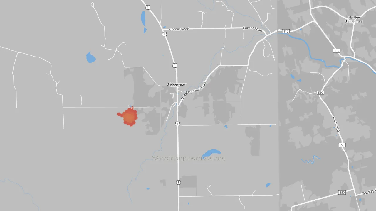 Walk Grade map of 04735, ME, walkable areas in green and car-dependent areas in red