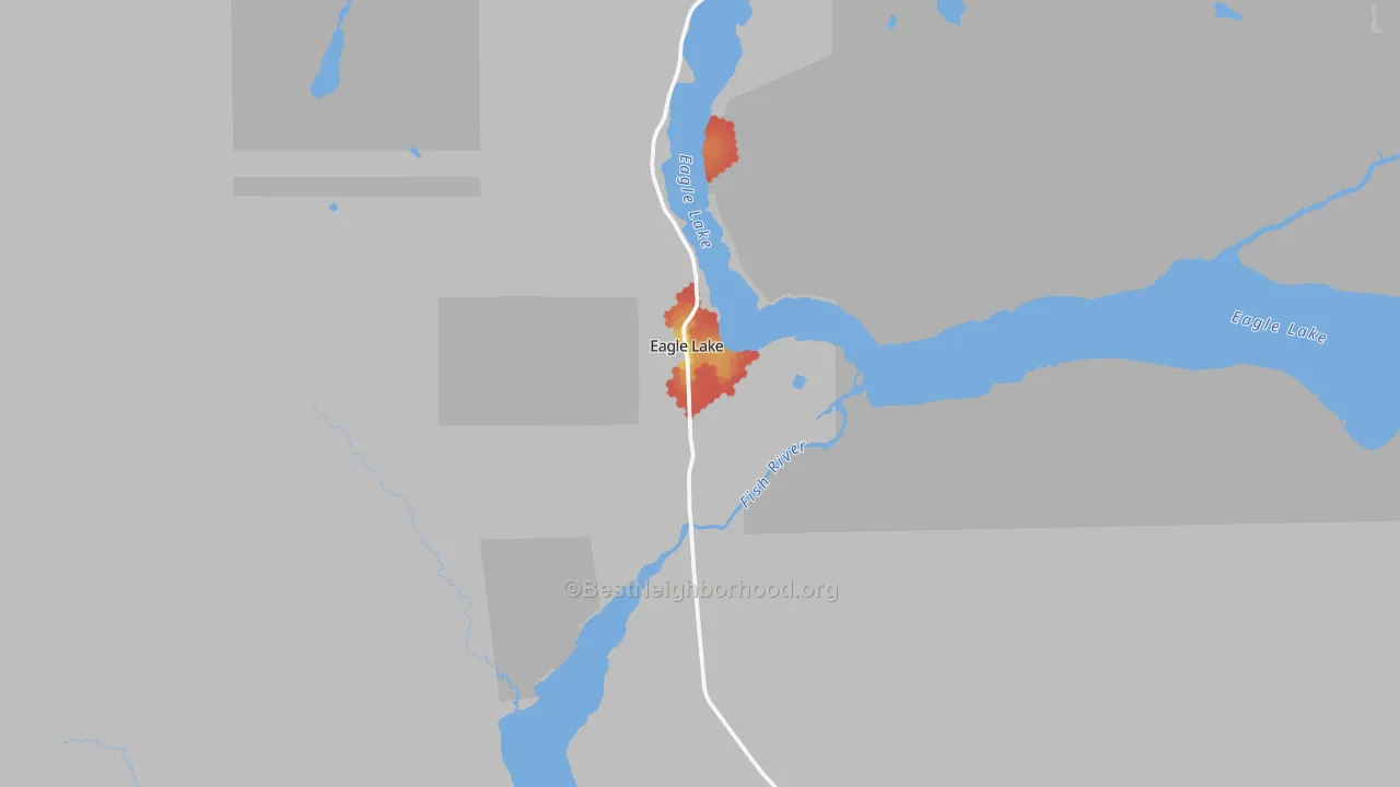 Walk Grade map of 04739, ME, walkable areas in green and car-dependent areas in red