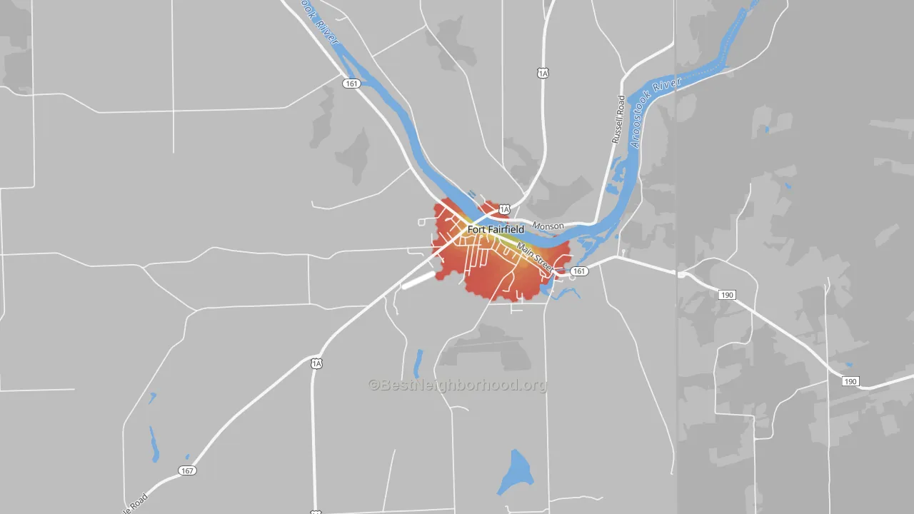Walk Grade map of 04742, ME, walkable areas in green and car-dependent areas in red