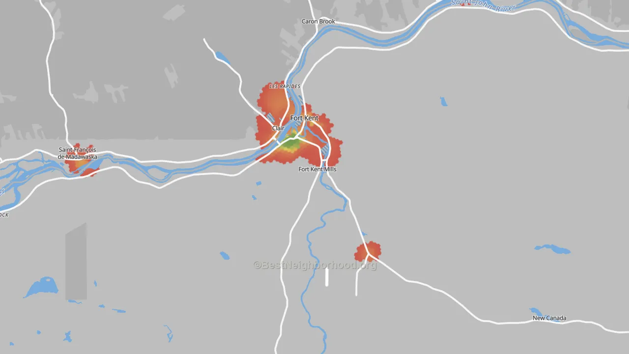 Walk Grade map of 04743, ME, walkable areas in green and car-dependent areas in red