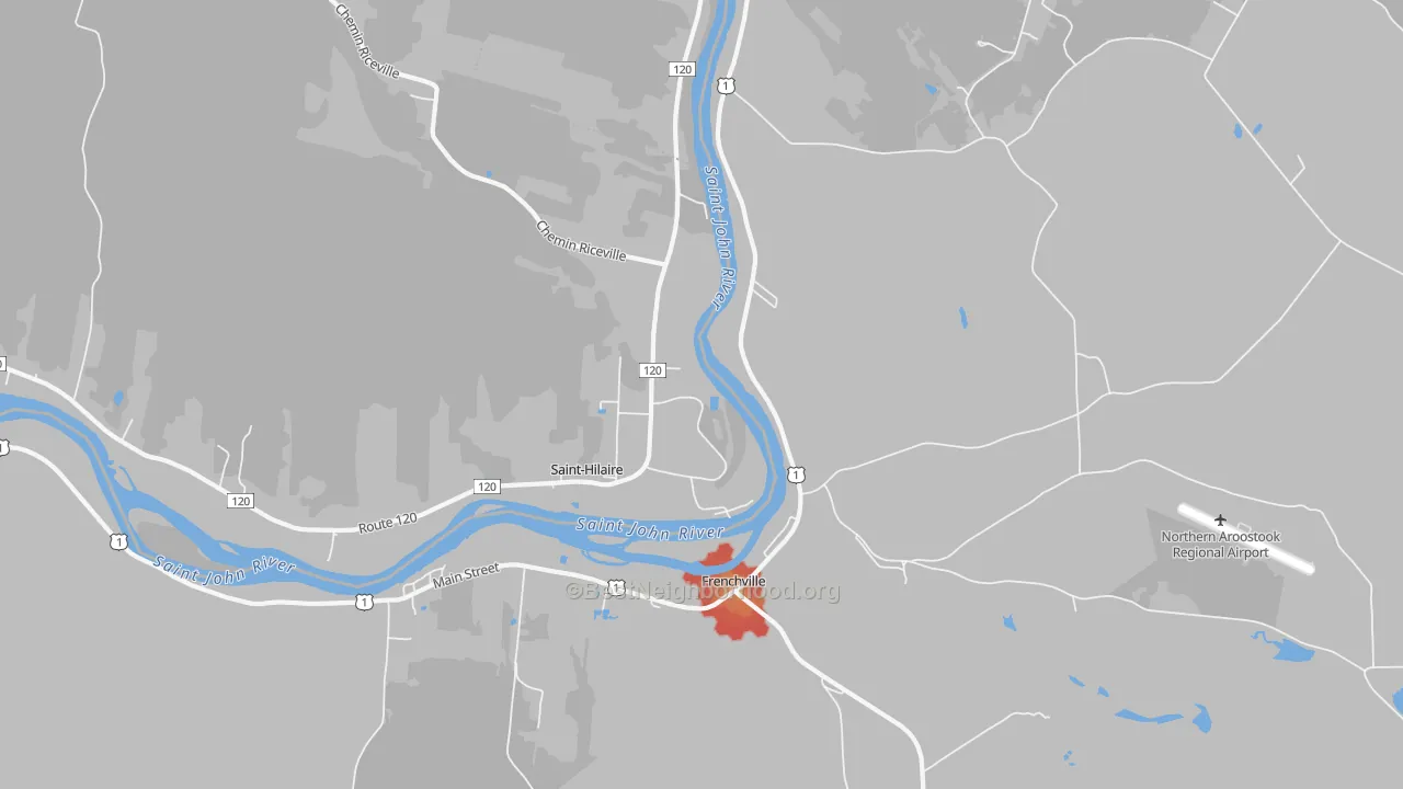 Walk Grade map of 04745, ME, walkable areas in green and car-dependent areas in red