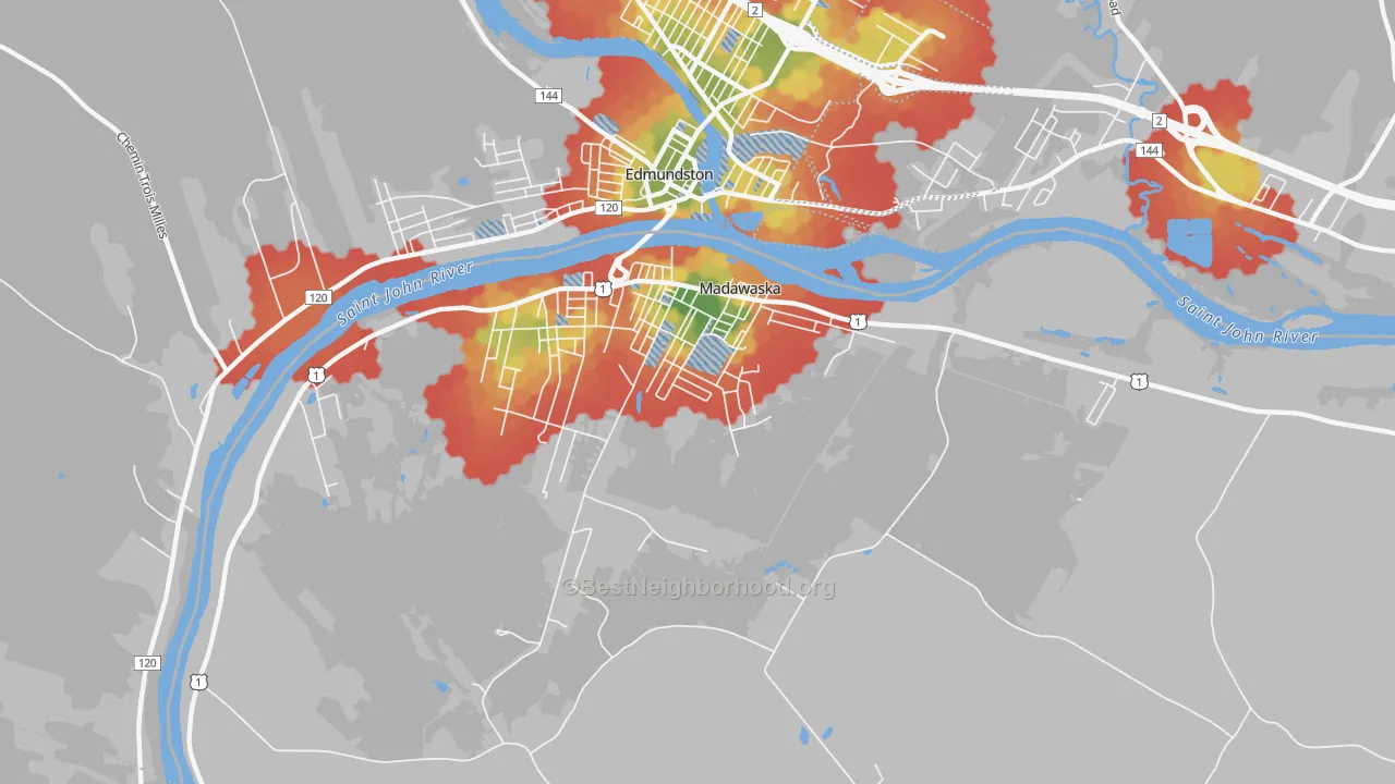 Walk Grade map of 04756, ME, walkable areas in green and car-dependent areas in red