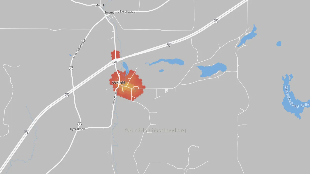 Walk Grade map of 04763, ME, walkable areas in green and car-dependent areas in red