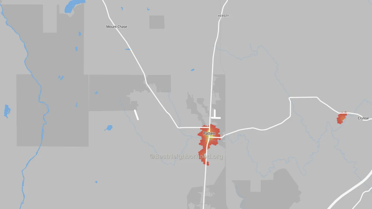 Walk Grade map of 04765, ME, walkable areas in green and car-dependent areas in red