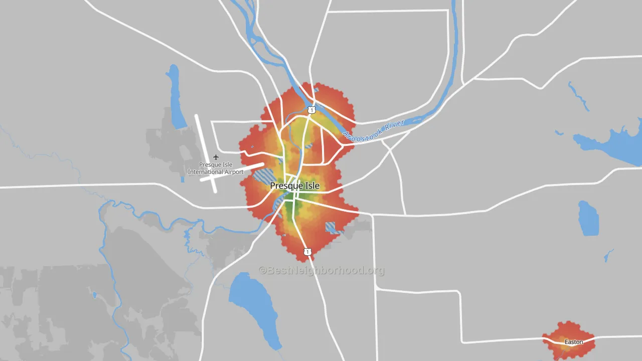 Walk Grade map of 04769, ME, walkable areas in green and car-dependent areas in red