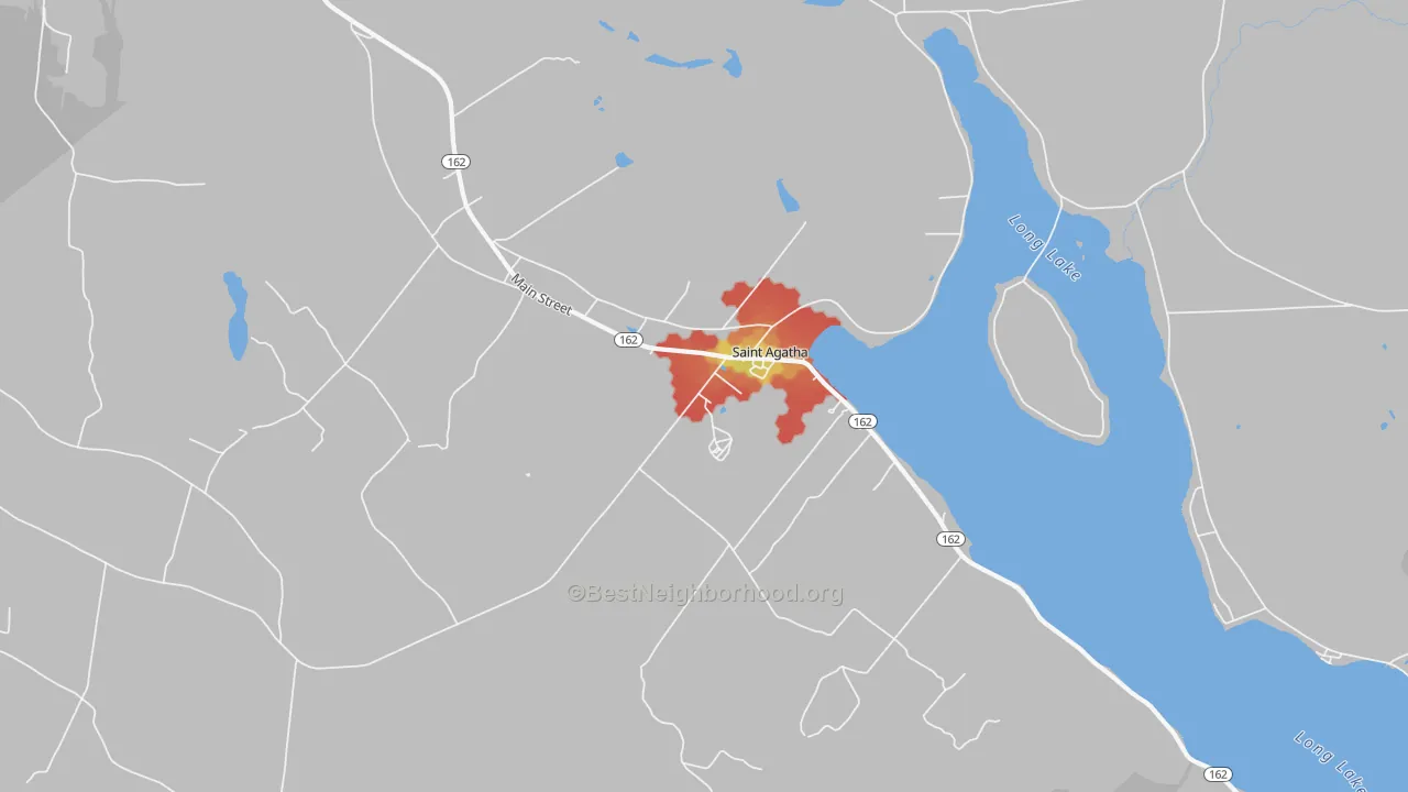 Walk Grade map of 04772, ME, walkable areas in green and car-dependent areas in red