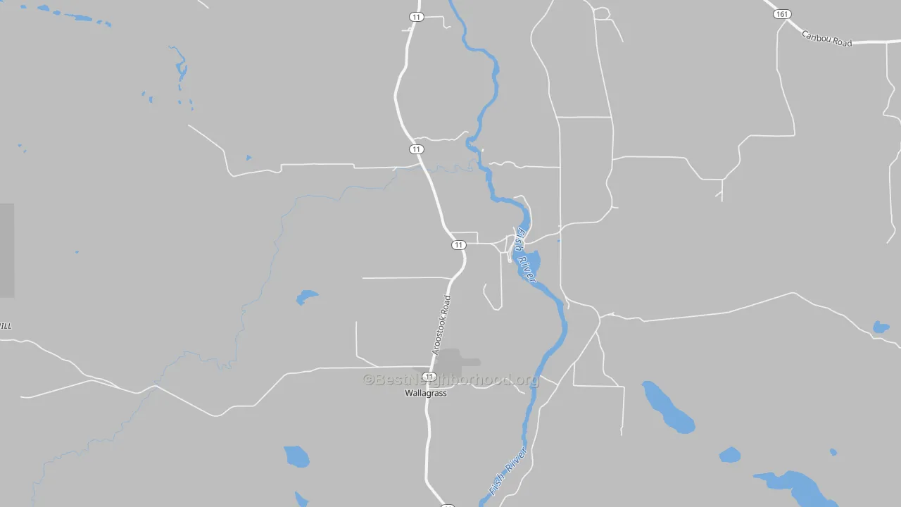 Walk Grade map of 04781, ME, walkable areas in green and car-dependent areas in red