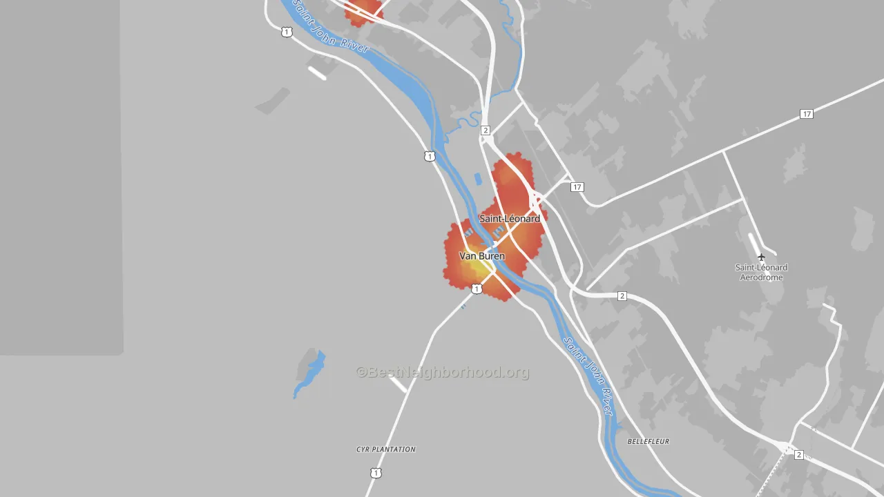 Walk Grade map of 04785, ME, walkable areas in green and car-dependent areas in red