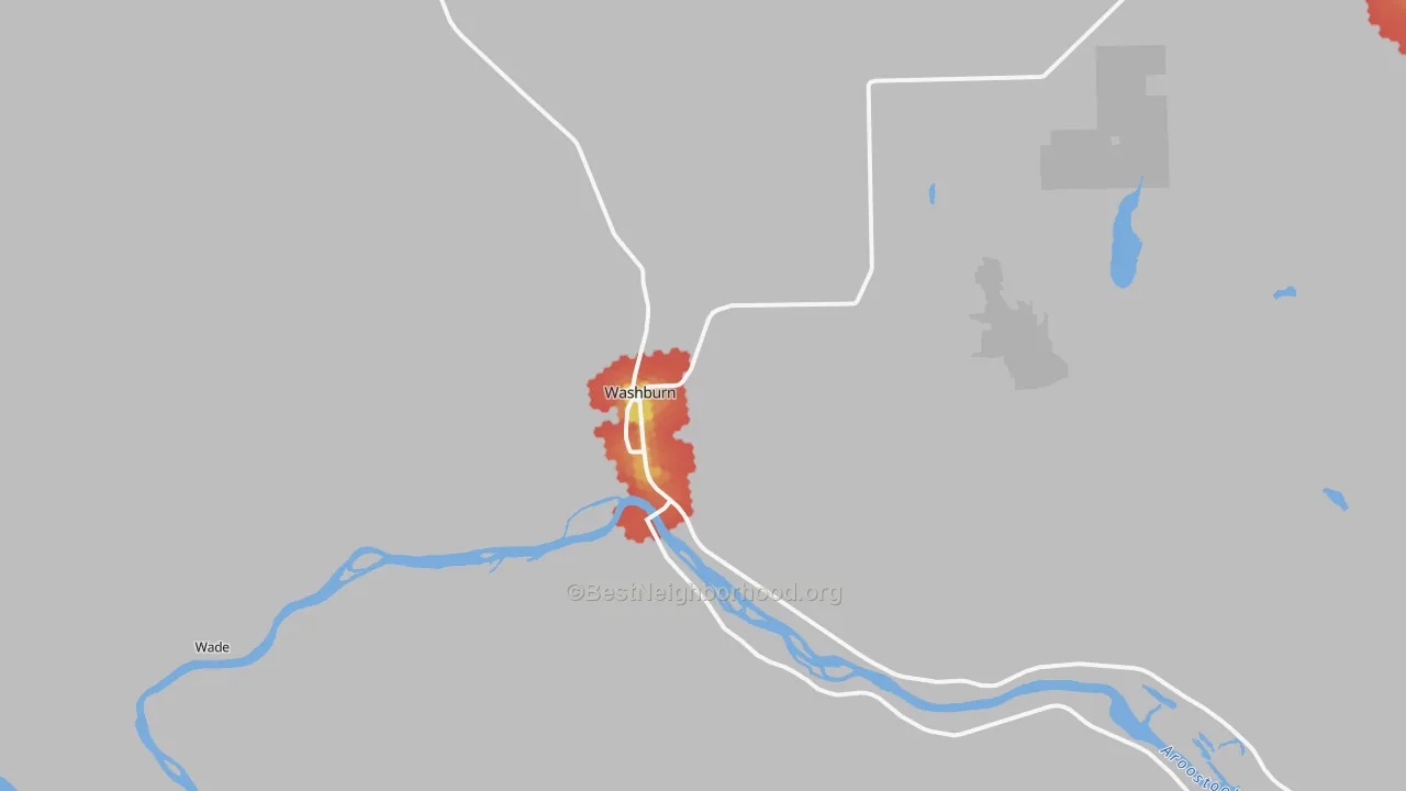 Walk Grade map of 04786, ME, walkable areas in green and car-dependent areas in red