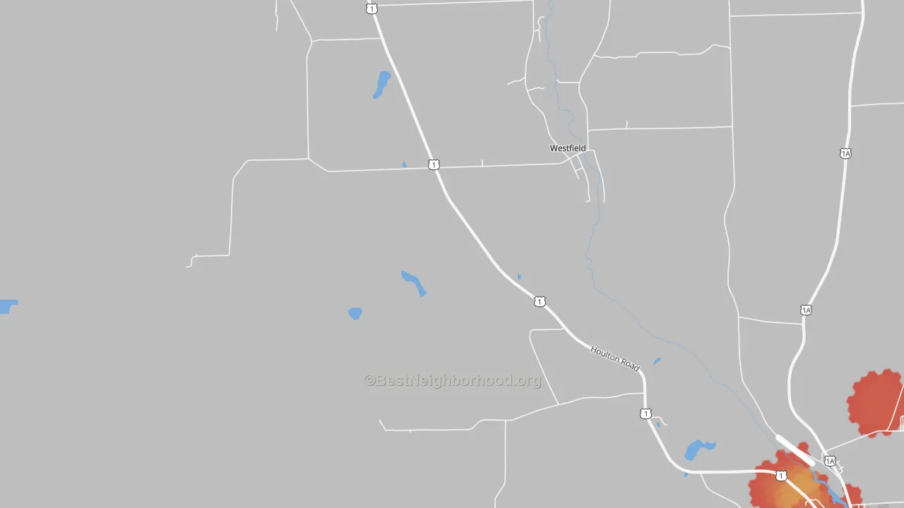 Walk Grade map of 04787, ME, walkable areas in green and car-dependent areas in red