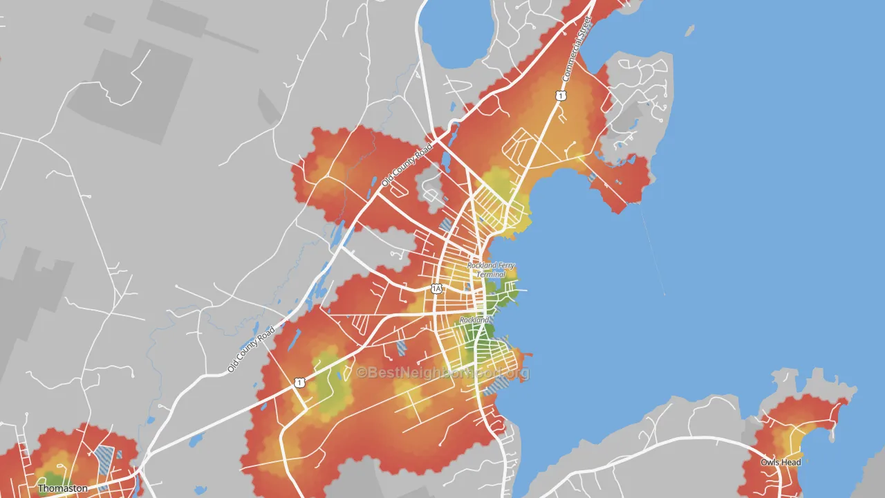 Walk Grade map of 04841, ME, walkable areas in green and car-dependent areas in red