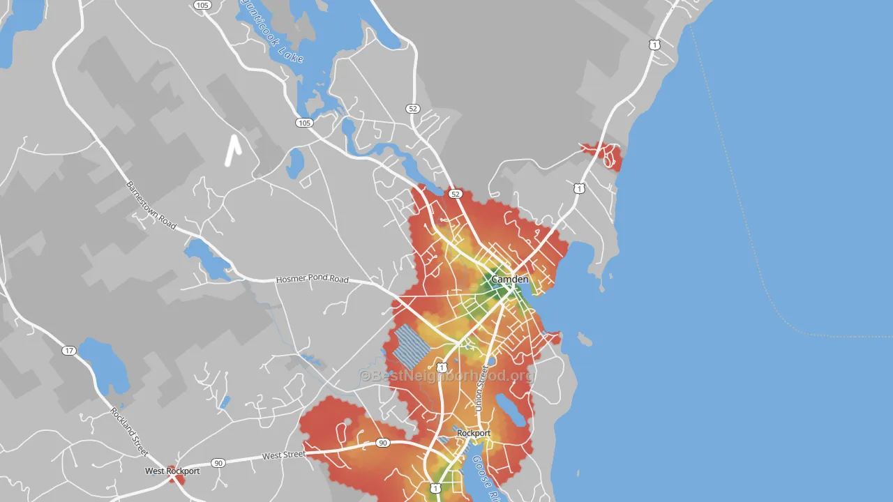 Walk Grade map of 04843, ME, walkable areas in green and car-dependent areas in red