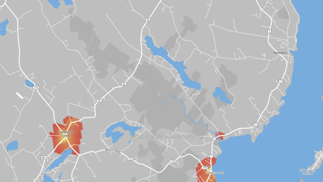 Walk Grade map of 04849, ME, walkable areas in green and car-dependent areas in red