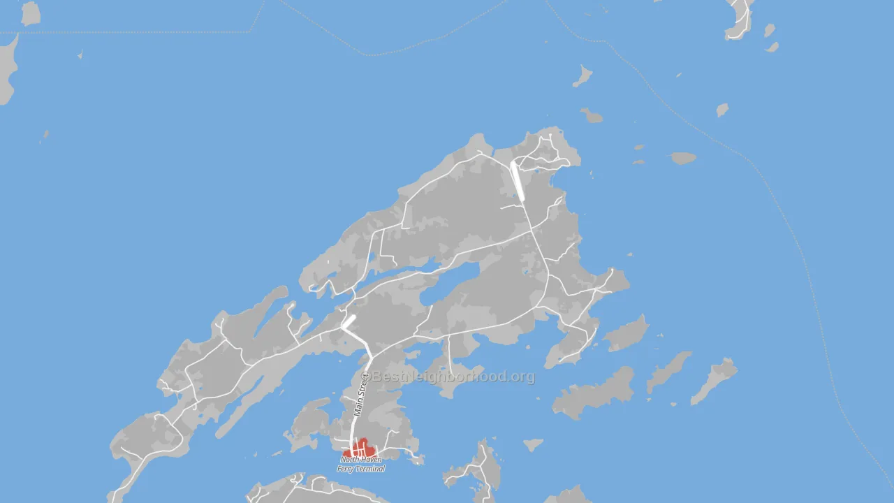 Walk Grade map of 04853, ME, walkable areas in green and car-dependent areas in red