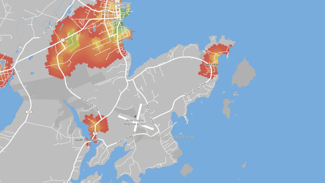 Walk Grade map of 04854, ME, walkable areas in green and car-dependent areas in red