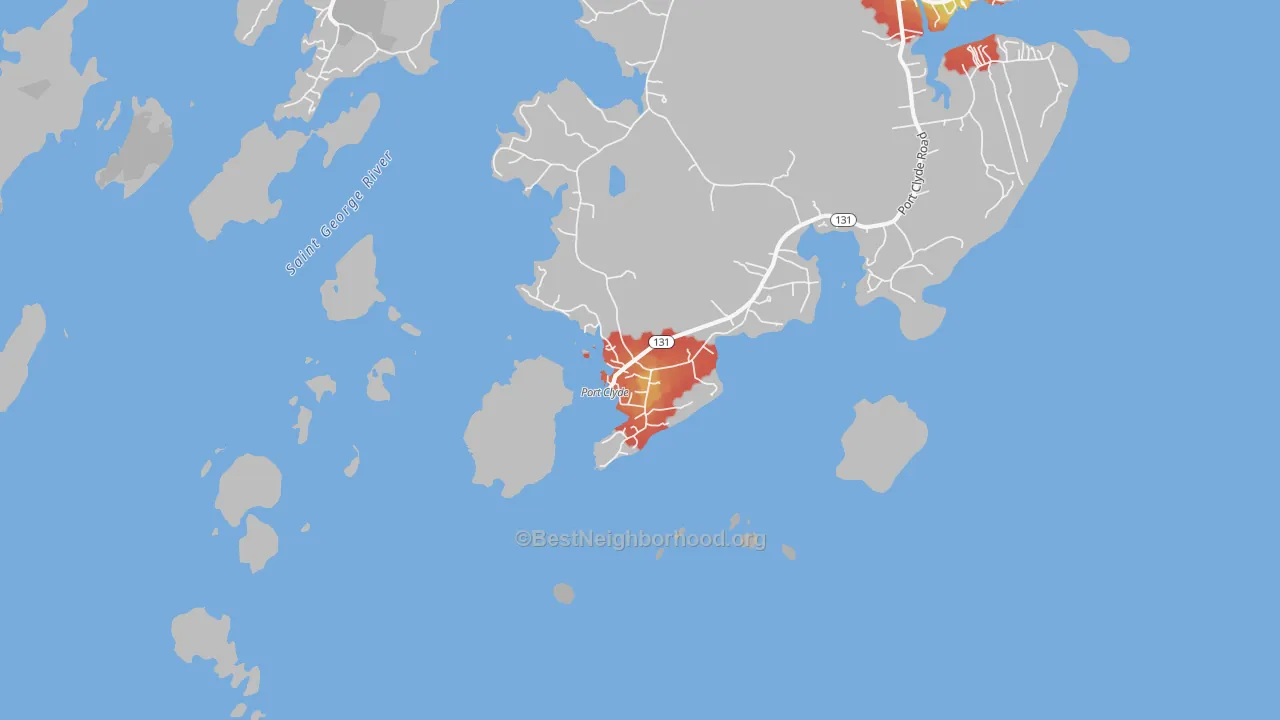 Walk Grade map of 04855, ME, walkable areas in green and car-dependent areas in red