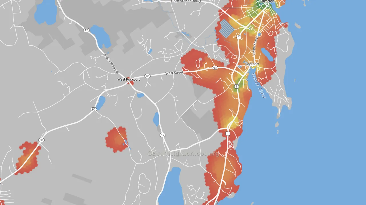 Walk Grade map of 04856, ME, walkable areas in green and car-dependent areas in red
