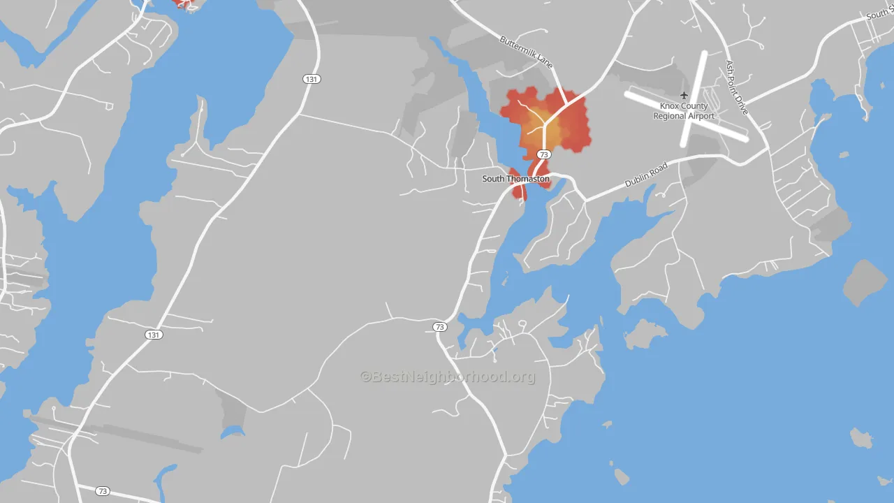 Walk Grade map of 04858, ME, walkable areas in green and car-dependent areas in red