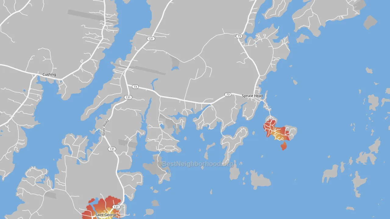 Walk Grade map of 04859, ME, walkable areas in green and car-dependent areas in red