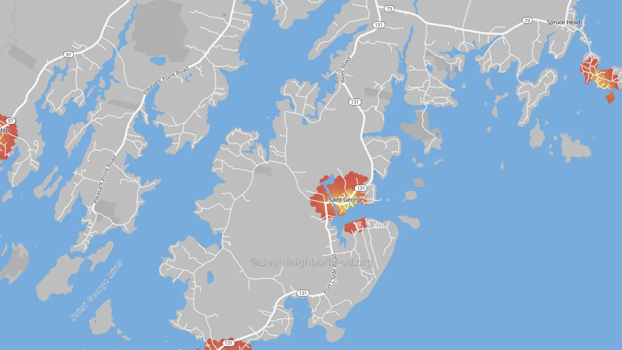 Walk Grade map of 04860, ME, walkable areas in green and car-dependent areas in red