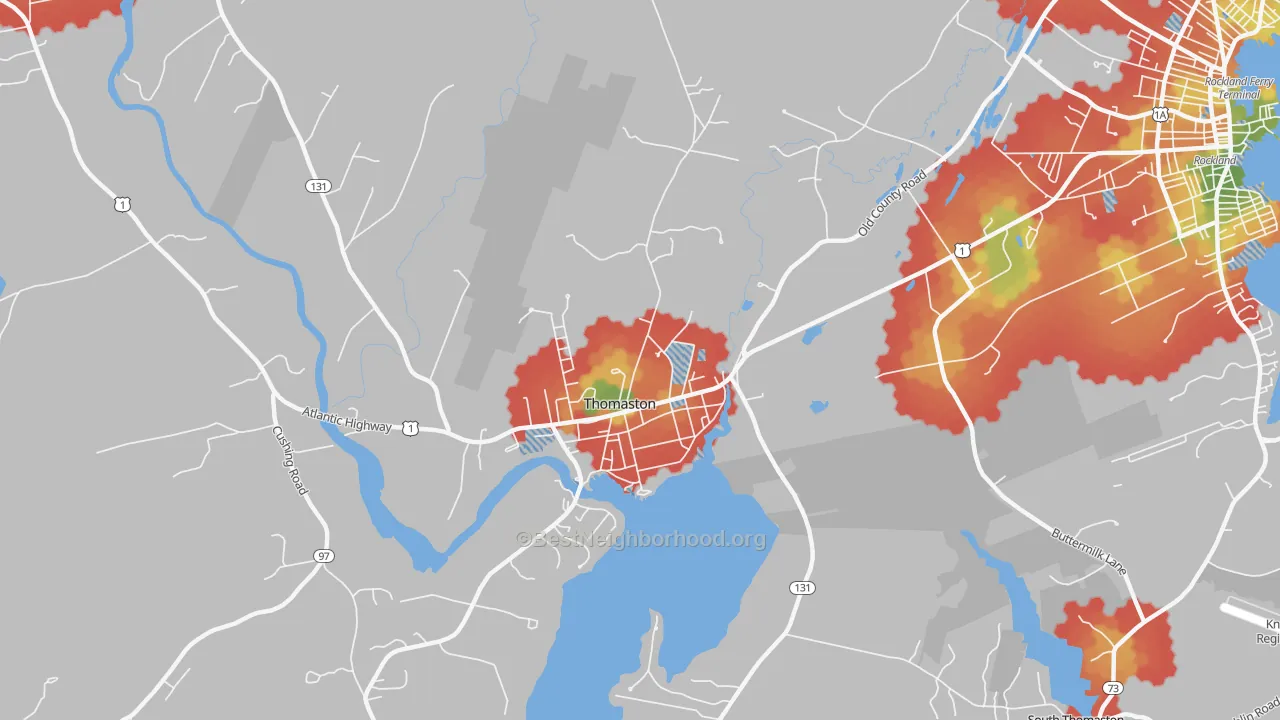 Walk Grade map of 04861, ME, walkable areas in green and car-dependent areas in red