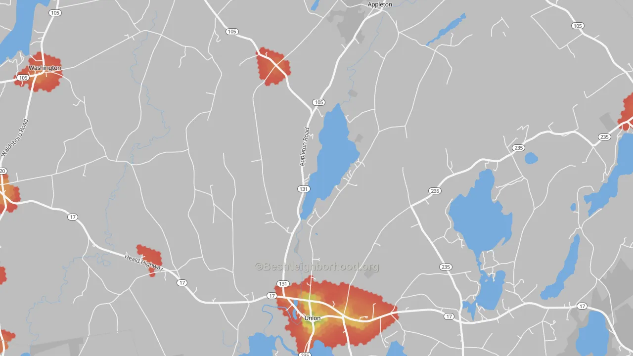 Walk Grade map of 04862, ME, walkable areas in green and car-dependent areas in red