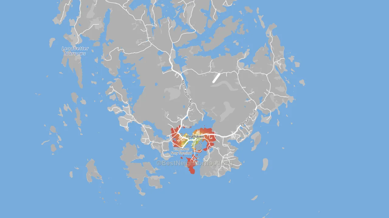 Walk Grade map of 04863, ME, walkable areas in green and car-dependent areas in red
