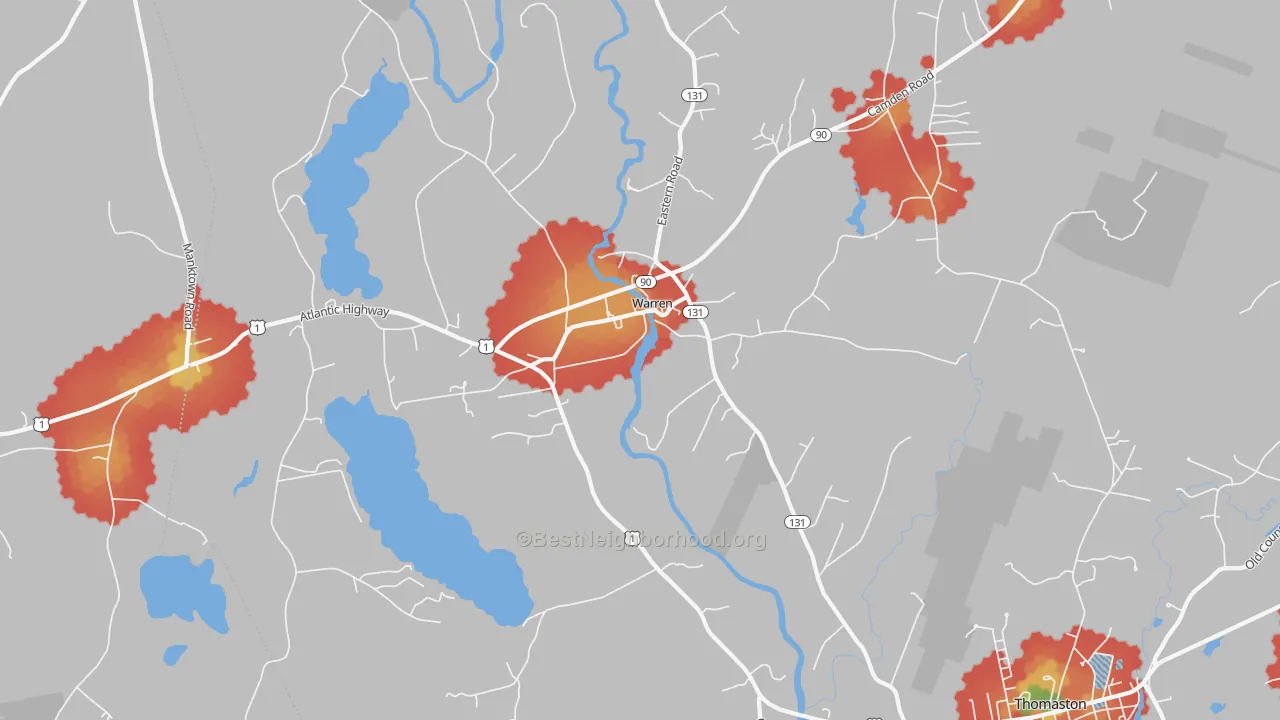 Walk Grade map of 04864, ME, walkable areas in green and car-dependent areas in red