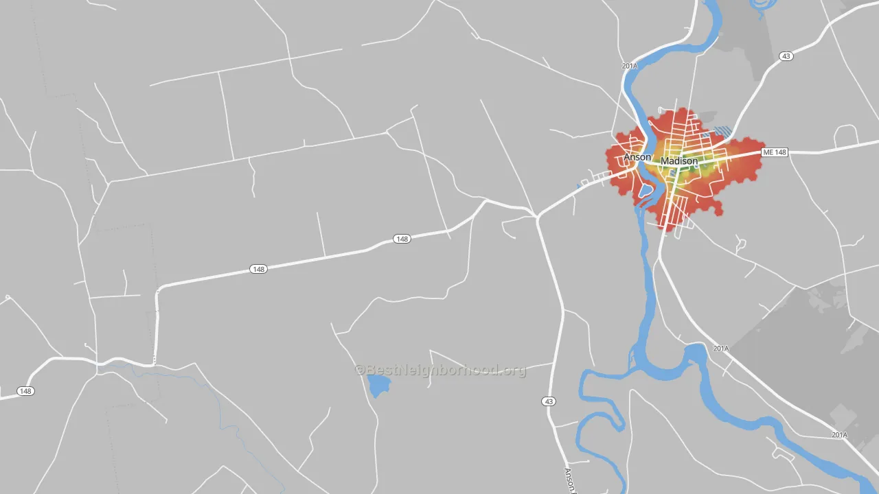 Walk Grade map of 04911, ME, walkable areas in green and car-dependent areas in red