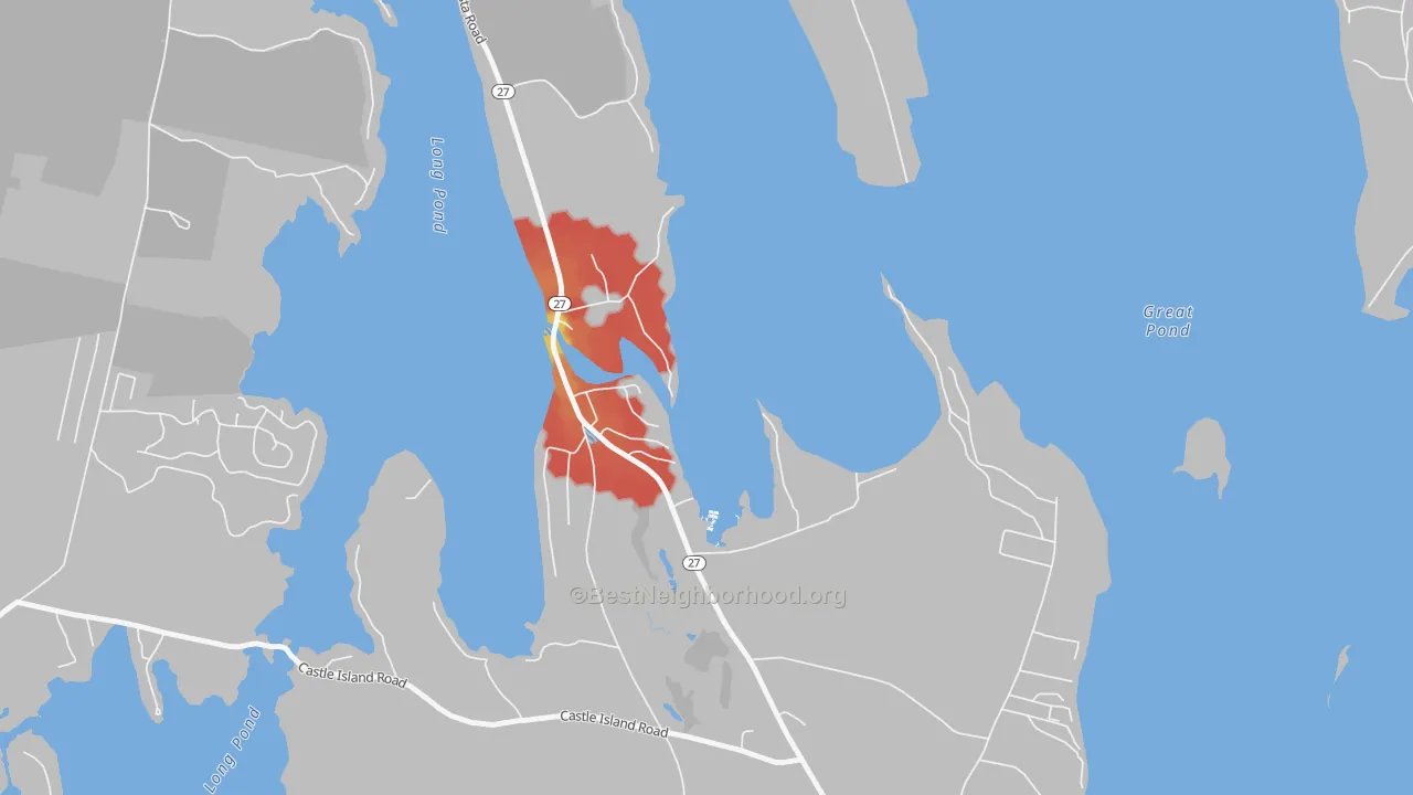 Walk Grade map of 04918, ME, walkable areas in green and car-dependent areas in red