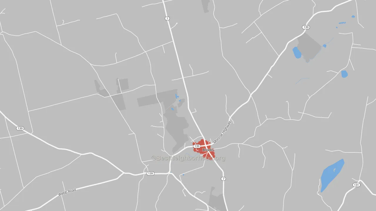 Walk Grade map of 04921, ME, walkable areas in green and car-dependent areas in red