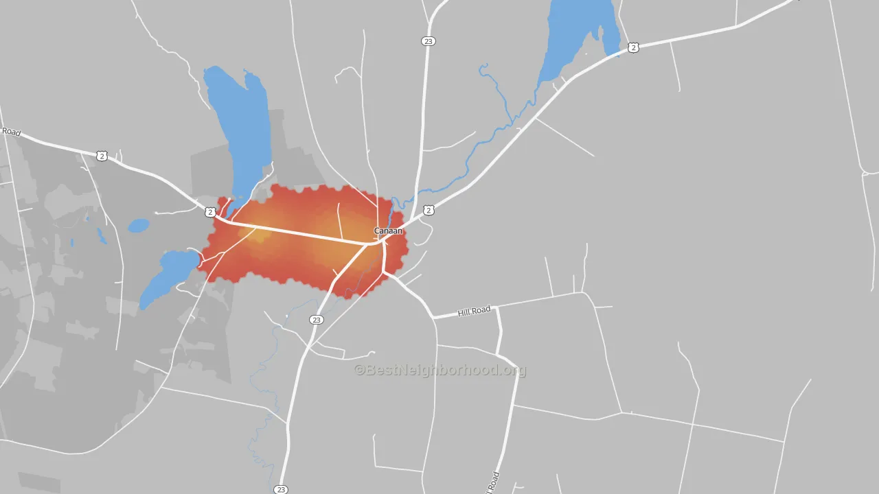 Walk Grade map of 04924, ME, walkable areas in green and car-dependent areas in red