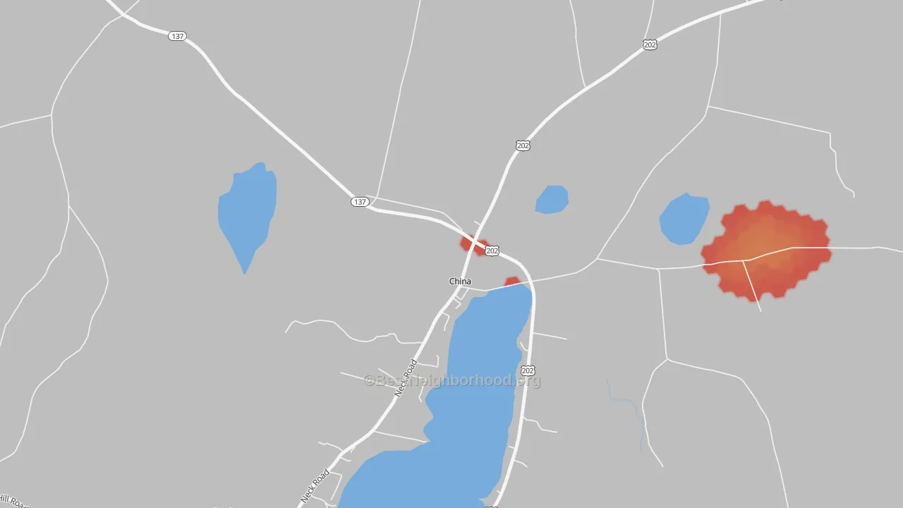 Walk Grade map of 04926, ME, walkable areas in green and car-dependent areas in red