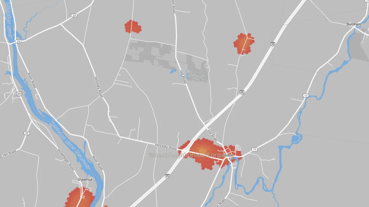 Walk Grade map of 04927, ME, walkable areas in green and car-dependent areas in red