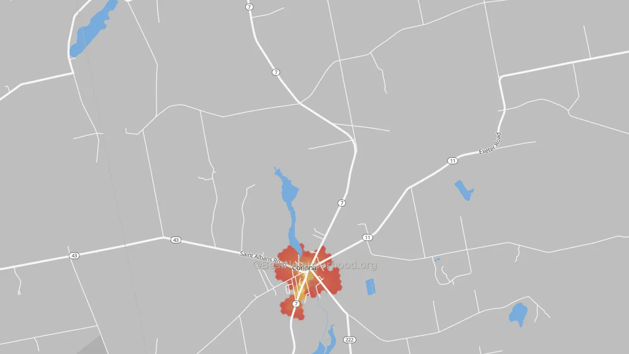 Walk Grade map of 04928, ME, walkable areas in green and car-dependent areas in red