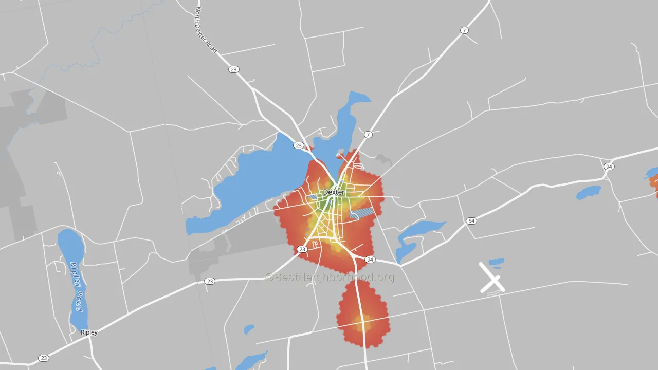 Walk Grade map of 04930, ME, walkable areas in green and car-dependent areas in red