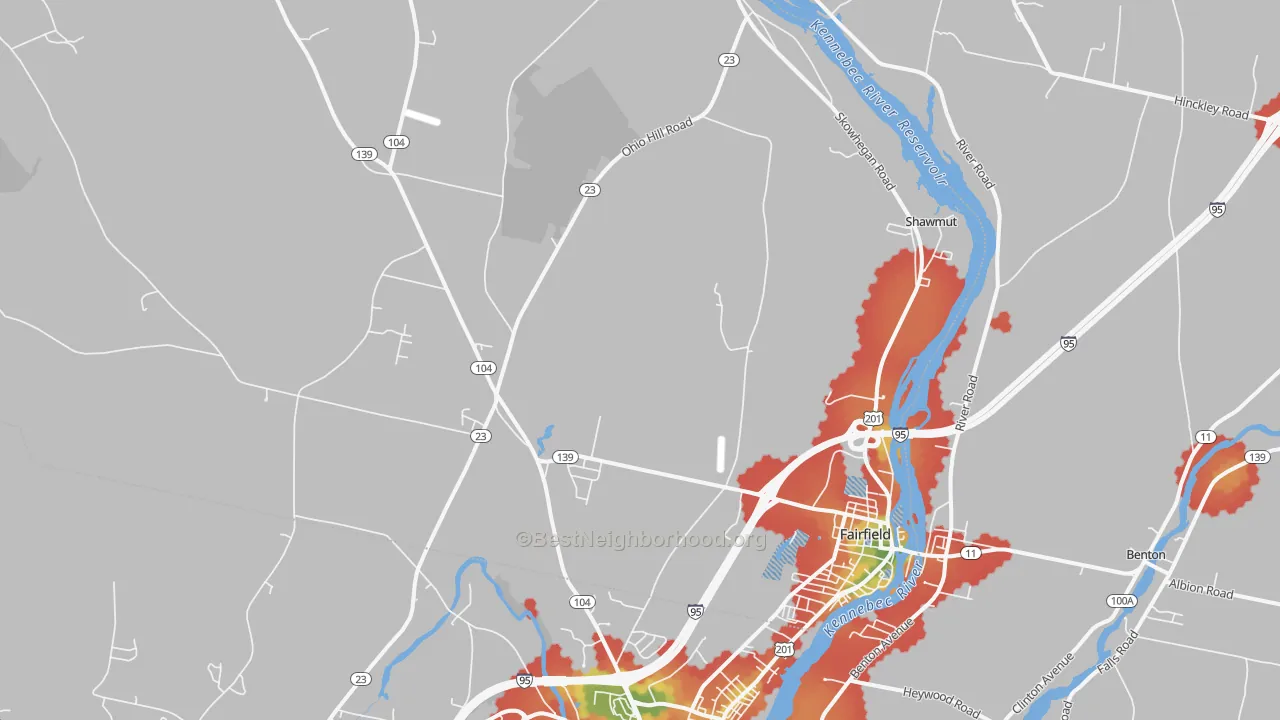 Walk Grade map of 04937, ME, walkable areas in green and car-dependent areas in red