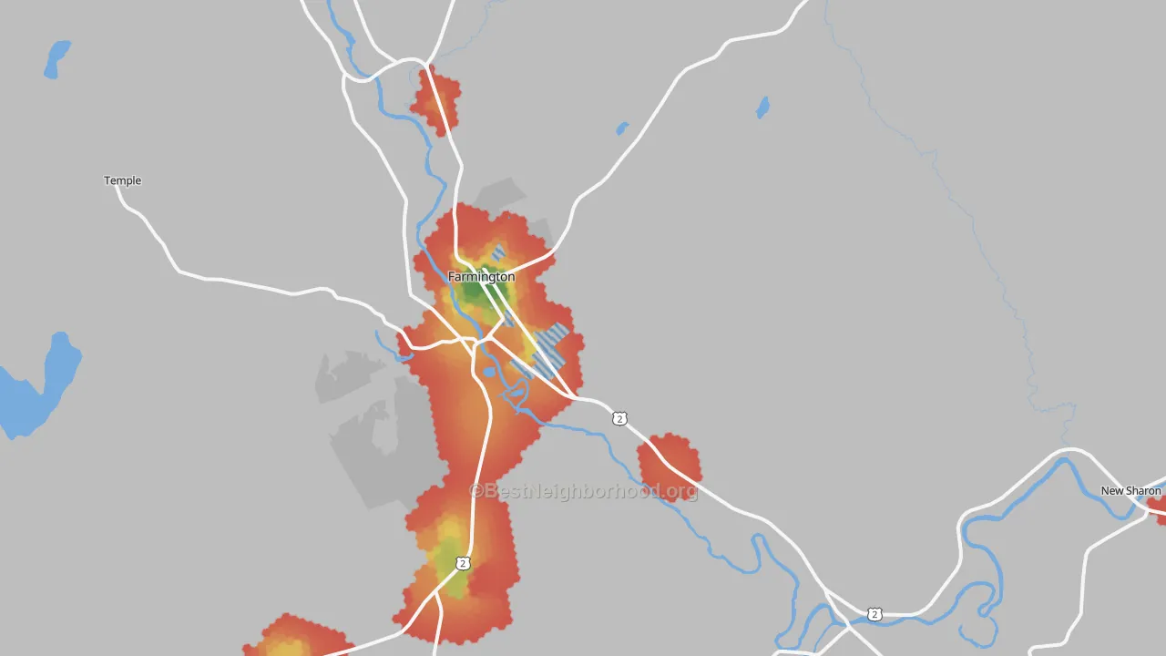 Walk Grade map of 04938, ME, walkable areas in green and car-dependent areas in red